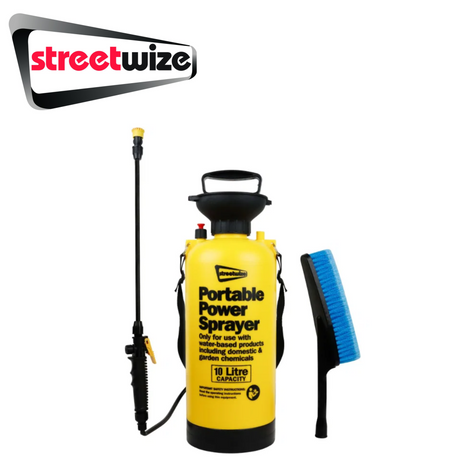 Streetwize 10L Portable Power Spray with handle and nozzle, designed for versatile cleaning and spraying tasks.