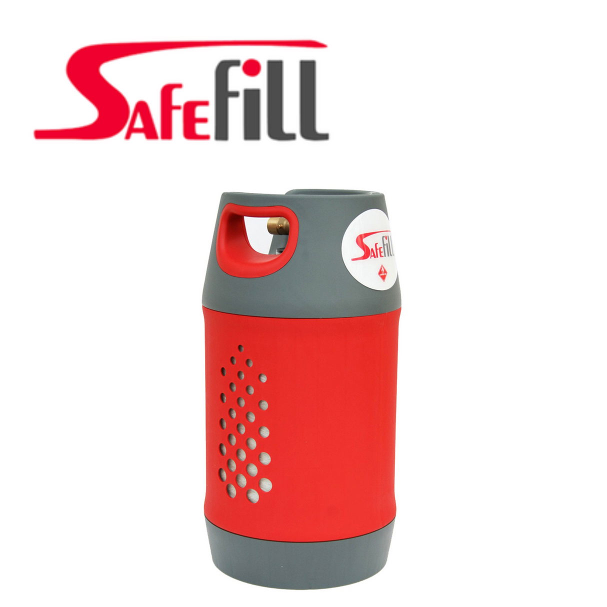 Safefill 10kg gas cylinder with secure valve and sturdy metal body, suitable for industrial or commercial use