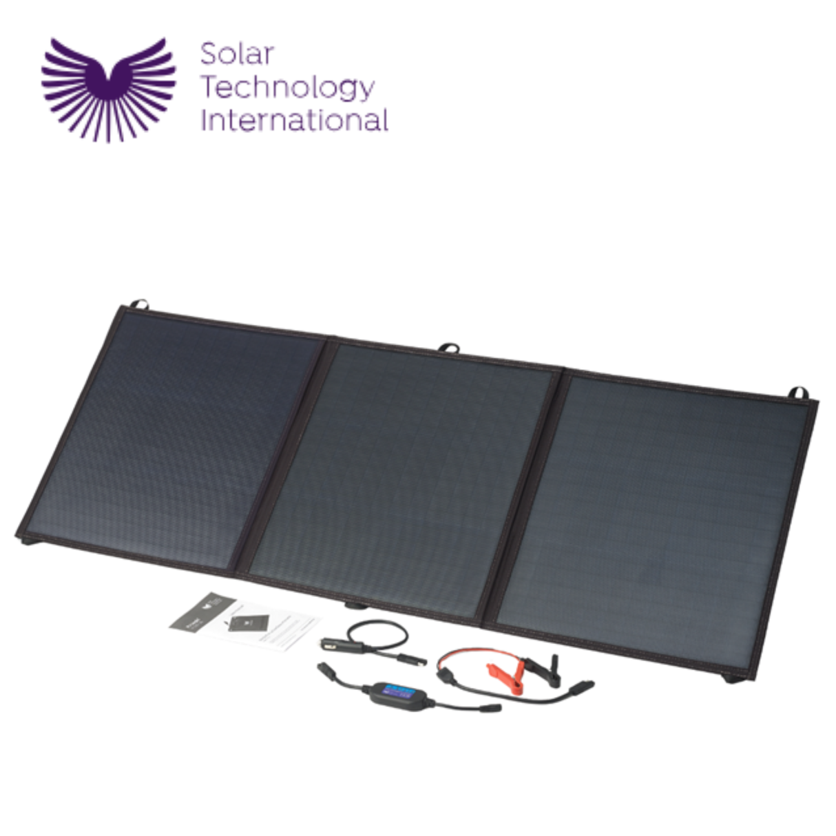 PV Logic 120W fold-up solar panel opened with adjustable stand and compact design for portable solar energy collection.