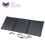PV Logic 120W fold-up solar panel opened with adjustable stand and compact design for portable solar energy collection.