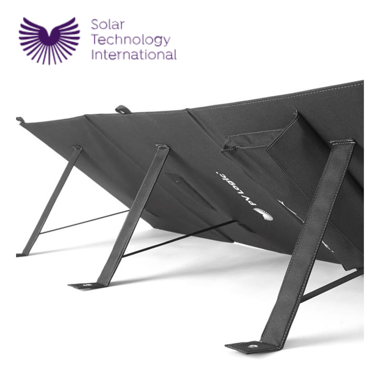 PV Logic 120W fold-up solar panel showing compact design with black solar cells and foldable structure for portable outdoor use.