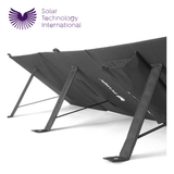 PV Logic 120W fold-up solar panel showing compact design with black solar cells and foldable structure for portable outdoor use.