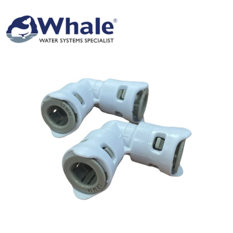 Whale Equal Elbow Connector 12mm, showing the durable plastic design with two equal ends for piping connections.