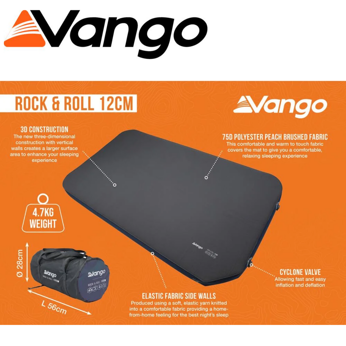 Vango Rock and Roll 12cm Camper Sleeping Mat with a textured surface, ideal for camping comfort and support.
