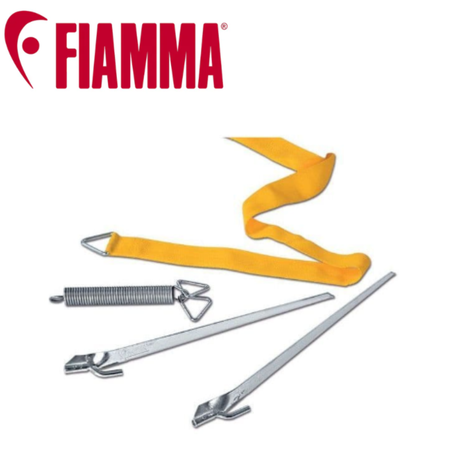 Fiamma tie down kit for awnings up to 6m, black or yellow, featuring durable straps and secure fastenings for outdoor use.