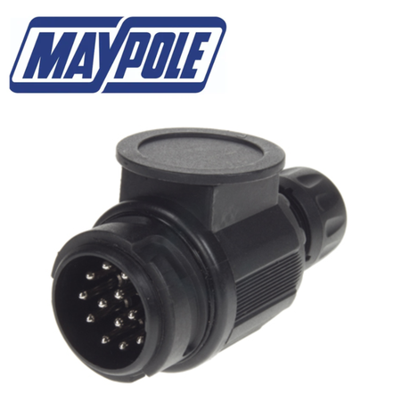 Maypole 12V 13-pin plug MP128 for trailer wiring, showing the black 13-pin connector with metal contacts and secure locking mechanism.