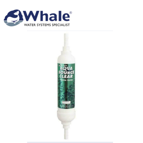 Whale AquaSource 12mm water filter with clear casing and attached tubing, designed for clean water filtration.