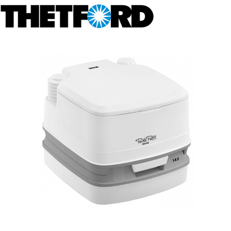 Thetford 145 Porta Potty Qube Portable Toilet with a compact design, featuring a sturdy handle and dual flush system.