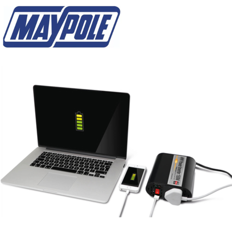 Maypole 150W power inverter with USB ports, compact black device for converting 12V or 230V power in vehicles and setups.