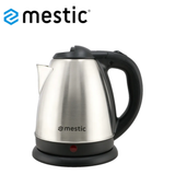Mestic 1000W stainless steel kettle with 1.5L capacity, featuring a sleek metallic body and ergonomic handle.