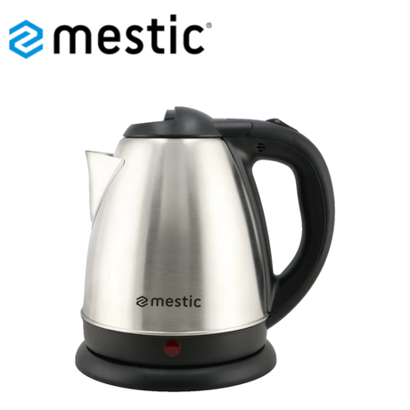 Mestic 1000W stainless steel kettle with 1.5L capacity, featuring a sleek metallic body and ergonomic handle.