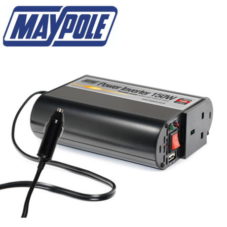 Maypole 150W 12V/230V power inverter with USB port for vehicle or home use, shown with power and USB outlets visible.