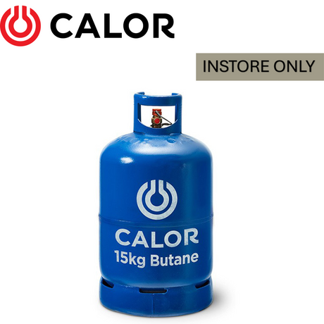 Calor Butane 15kg gas bottle with red exterior, featuring a secure handle and safety valve, ideal for outdoor use.