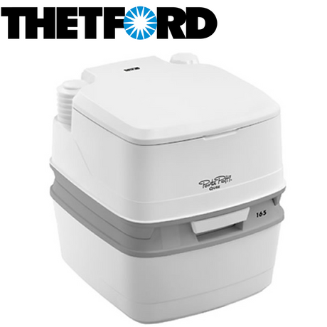 Thetford Porta Potti Qube 165 portable toilet showing compact design and features for camping and outdoor use.