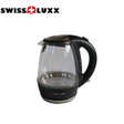 Swiss Luxx 1L cordless kettle with a clear design and ergonomic handle, showcasing water level indicator.