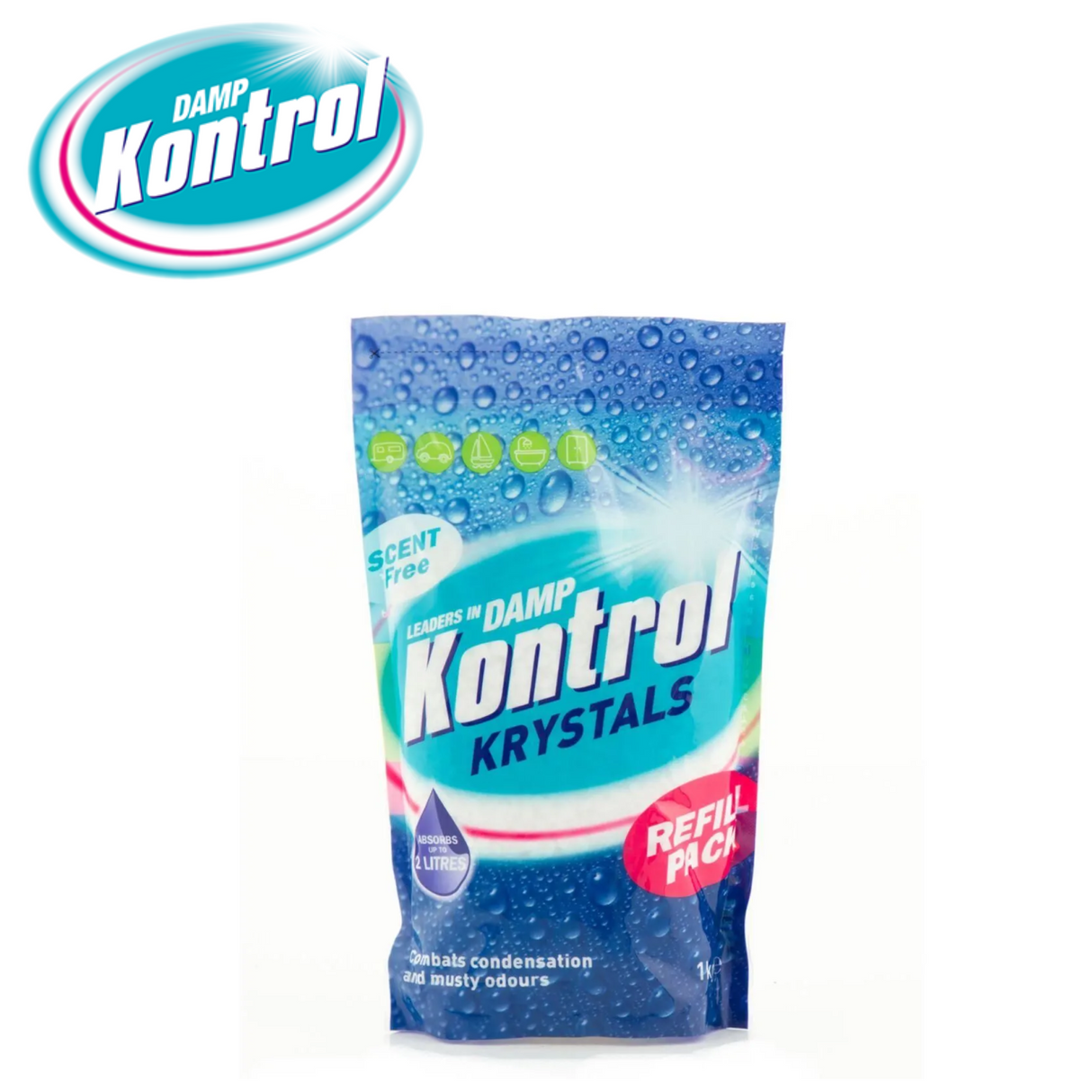 Damp Kontrol Krystals 1kg package, scent-free moisture absorber for dampness control in homes.