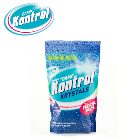 Damp Kontrol Krystals 1kg package, scent-free moisture absorber for dampness control in homes.