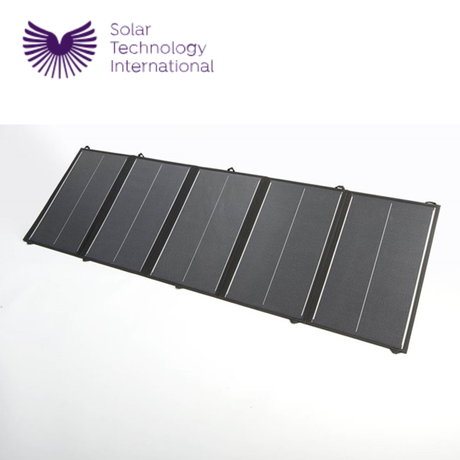 PV Logic 200W Fold Up Solar Panel shown folded with handle and compact design, ideal for portable solar power applications.