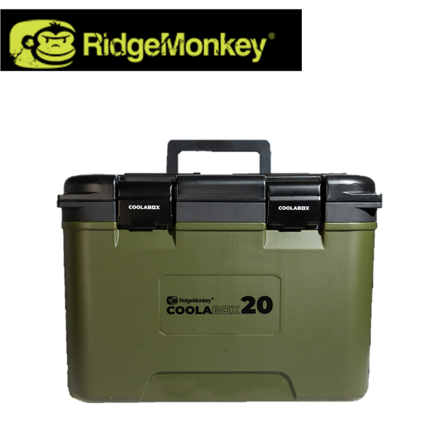 RidgeMonkey Collabox 20L coolbox with sturdy handle and compact design, ideal for keeping food and drinks cold.