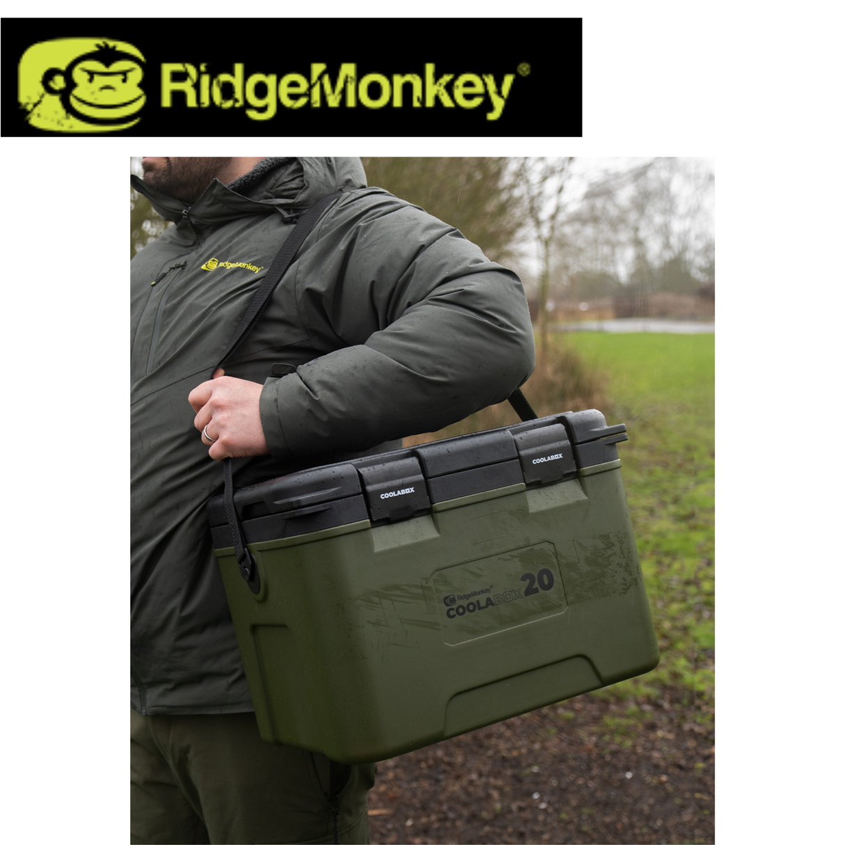 RidgeMonkey Collabox 20L coolbox with insulated design, sturdy handle, and space for food and beverages.