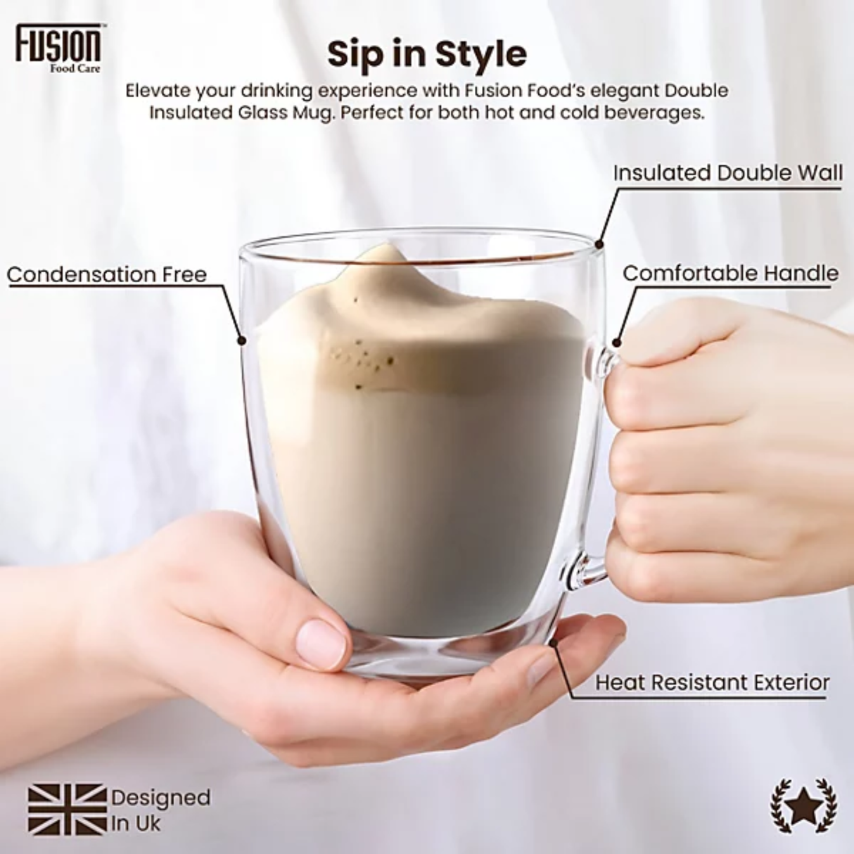 Pair of fusion double wall glass coffee mugs, 250ML capacity, showcasing clear insulated design on a white background.