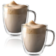 Pair of fusion double wall glass coffee mugs, 250ML capacity, showcasing clear, insulated design for hot beverages.