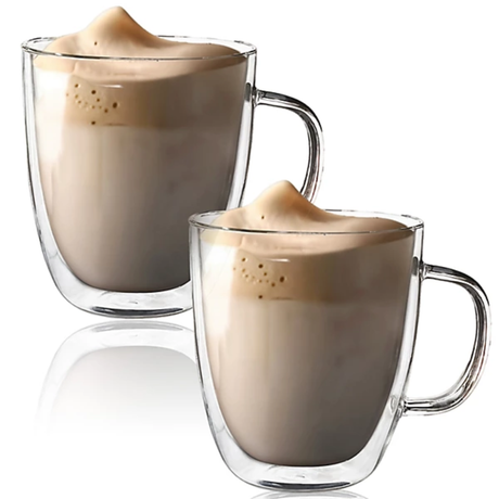 Pair of fusion double wall glass coffee mugs, 250ML capacity, showcasing clear, insulated design for hot beverages.
