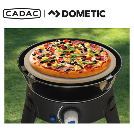 Cadac Dometic 25cm pizza stone for baking, with a round shape and textured surface for evenly cooked homemade pizzas.