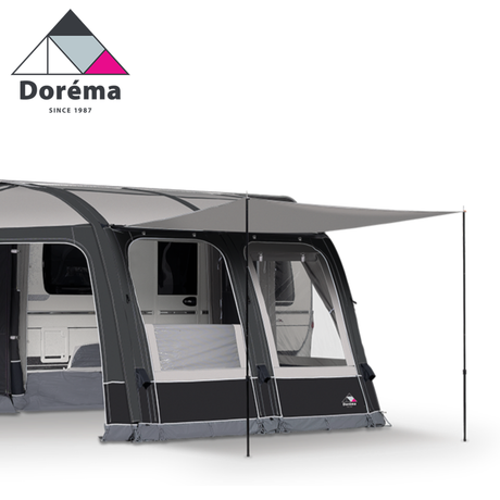 Dorema Magnum AirForce 260 sun canopy set up, displaying its spacious design and durable fabric for all-season use.
