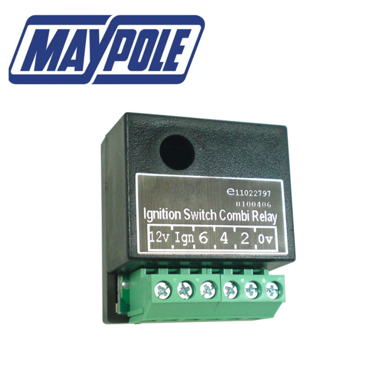 Maypole 12V 20A dual charging relay MP288 showing the compact black relay with metal terminals and wiring connections.