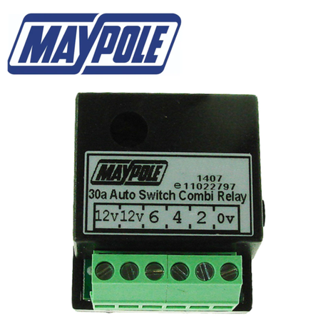 Maypole 30A automatic dual charge relay MP2883, compact device with wiring terminals for vehicle battery charging and isolation.