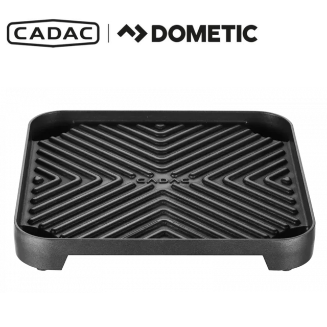 Cadac Dometic 2 Cook 2 ribbed grill plate with two cooking surfaces and raised ridges for grilling meats and vegetables.