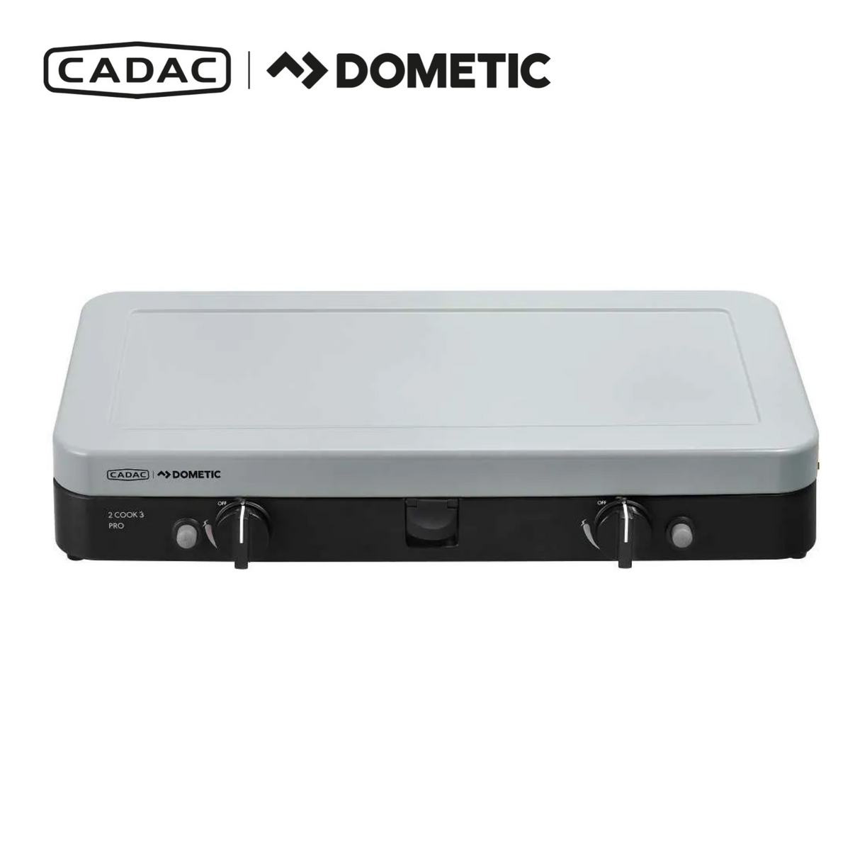 Cadac Dometic 2 Cook 3 Pro Deluxe QR gas BBQ with four burners and stainless steel grilling surface for outdoor cooking.