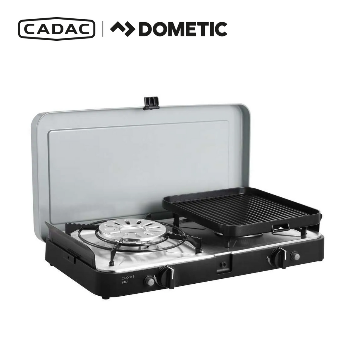 Cadac Dometic 2 Cook 3 Pro Deluxe Qr gas BBQ with two burners and stainless steel surface, ideal for outdoor grilling.