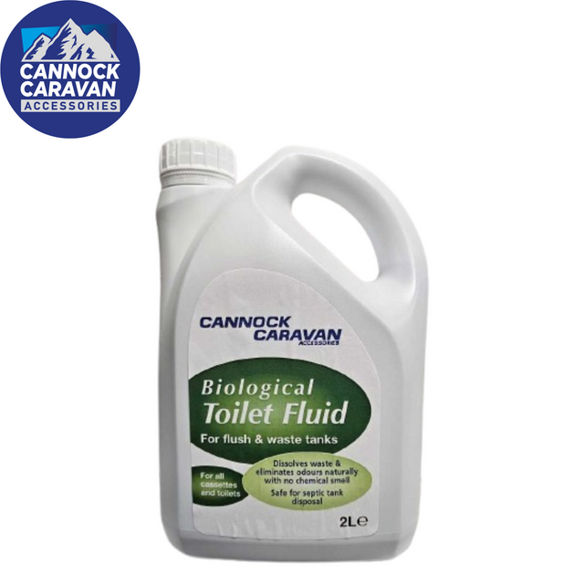 Cannock Caravan Accessories 2L toilet fluid bottle with green label for caravan sanitation needs.