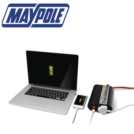 Maypole 300W power inverter with USB port, compact device for converting 12V or 230V power for electronic devices.