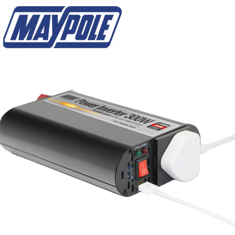 Maypole 300W power inverter with USB ports, 12V/230V input, showing the compact device with power and USB connections.