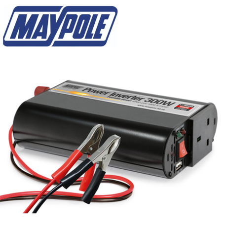 Maypole 300W power inverter with USB ports, 12V and 230V outlets, and compact design for vehicle or home use.