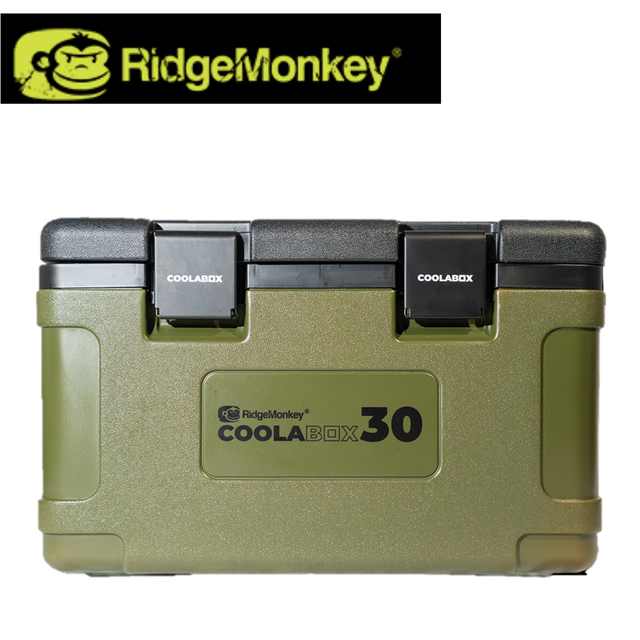 RidgeMonkey 30L Coolabox showing a sturdy, insulated cooler box with a secure lid and carry handles for outdoor use