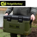 RidgeMonkey Coolabox 30L cooler box in black with sturdy handles and latches, designed for outdoor and camping use.
