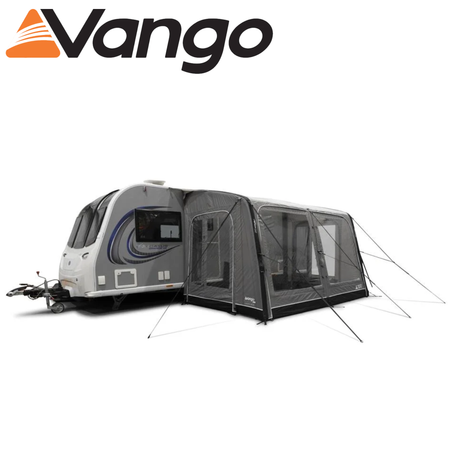 Vango Balletto Air 330 caravan awning set up with spacious interior and inflatable design in a campsite setting.