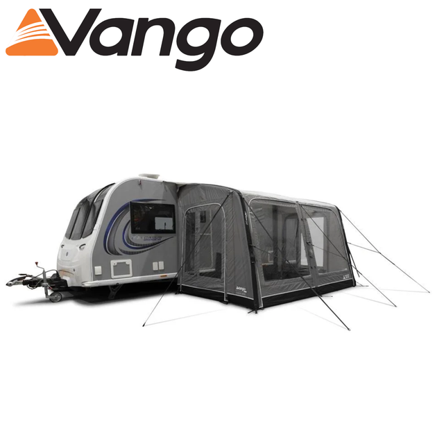 Vango Balletto Air 330 caravan awning set up with spacious interior and inflatable design in a campsite setting.