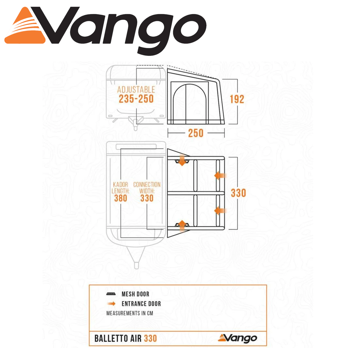 Vango Balletto Air 330 Caravan Awning set up, showcasing spacious design and durable fabric in outdoor setting.