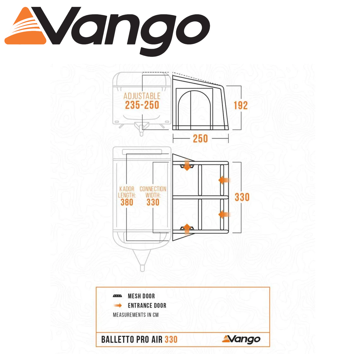 Vango Balletto Pro Air 330 Caravan Awning set up, showcasing spacious design and durable fabric in a scenic outdoor setting.