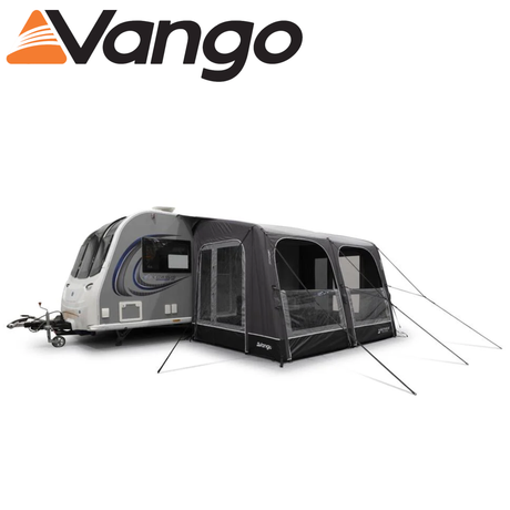 Vango Balletto Pro Air 330 caravan awning set up with an expansive canopy and side panels in a campsite setting.