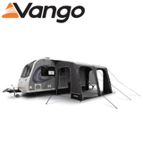 Vango Balletto Pro Air 330 caravan awning set up with spacious interior and air beams against a scenic outdoor backdrop.