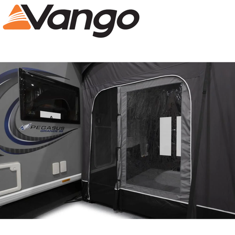 Vango Balletto Pro Air 330 caravan awning set up next to a caravan, showcasing its spacious design and air beam structure.