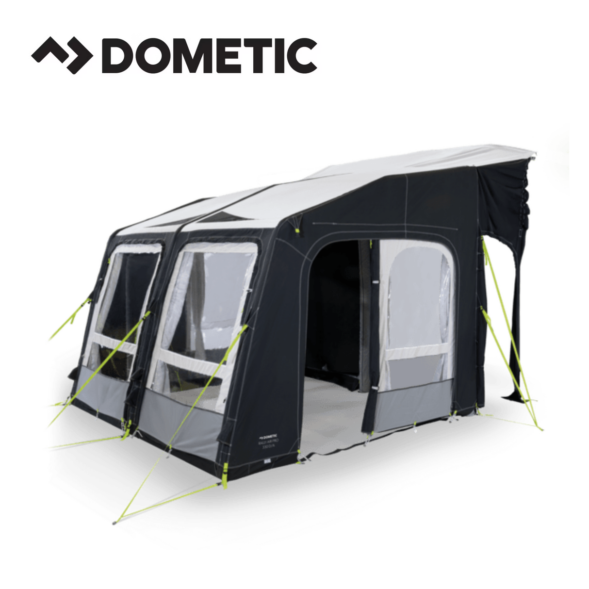 Dometic Rally Air All Season 330 driveaway awning set up next to a camper, showcasing its spacious, weather-resistant design.