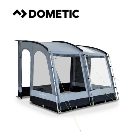 Dometic Rally poled awning set up in a campsite, showcasing its spacious design and sturdy pole structure.