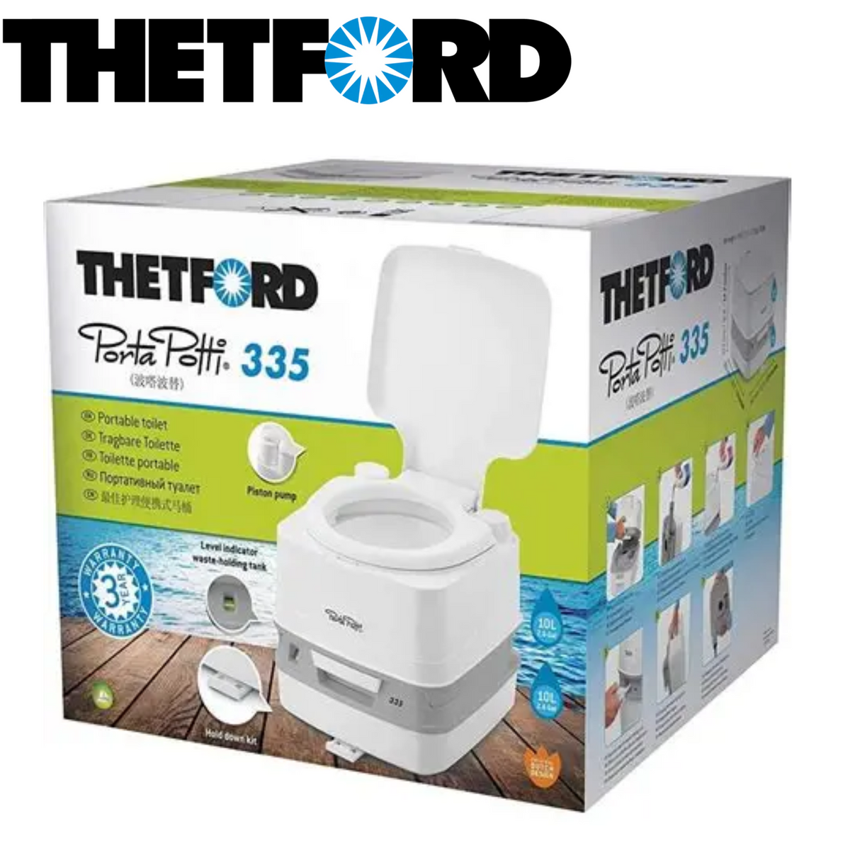 Thetford Porta Potti 335 portable toilet with a sleek design and user-friendly features, shown in a clean outdoor setting.